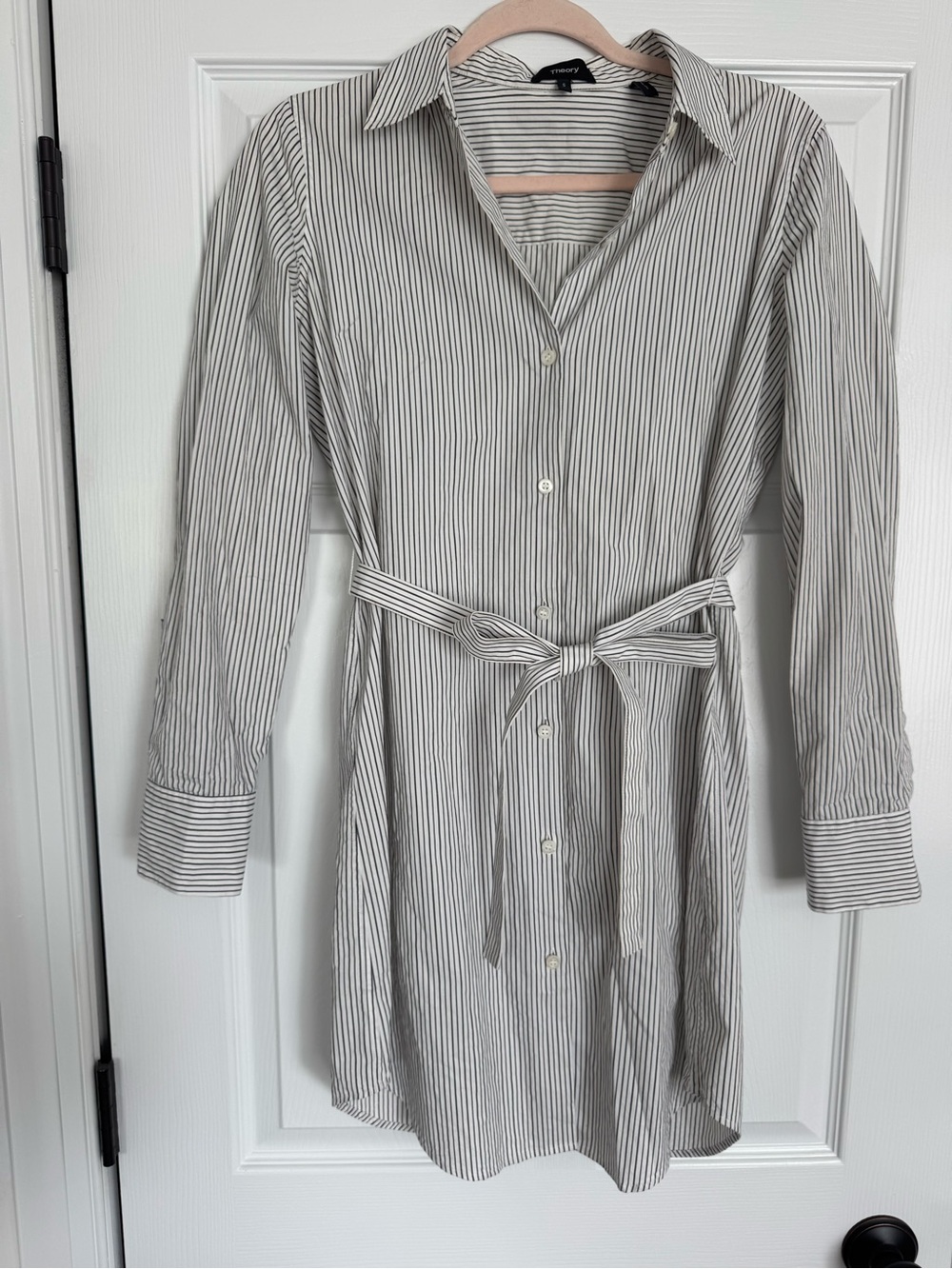 Theory Navy and White Pinstripe Shirt Dress